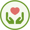 Child Abuse Prevention badge. Two green hands holding a red heart.