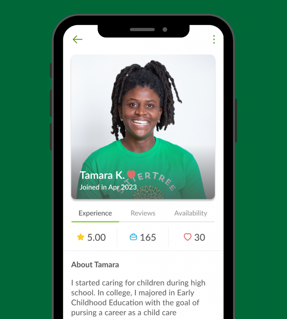 Preschool substitute profile on SitterTree app.